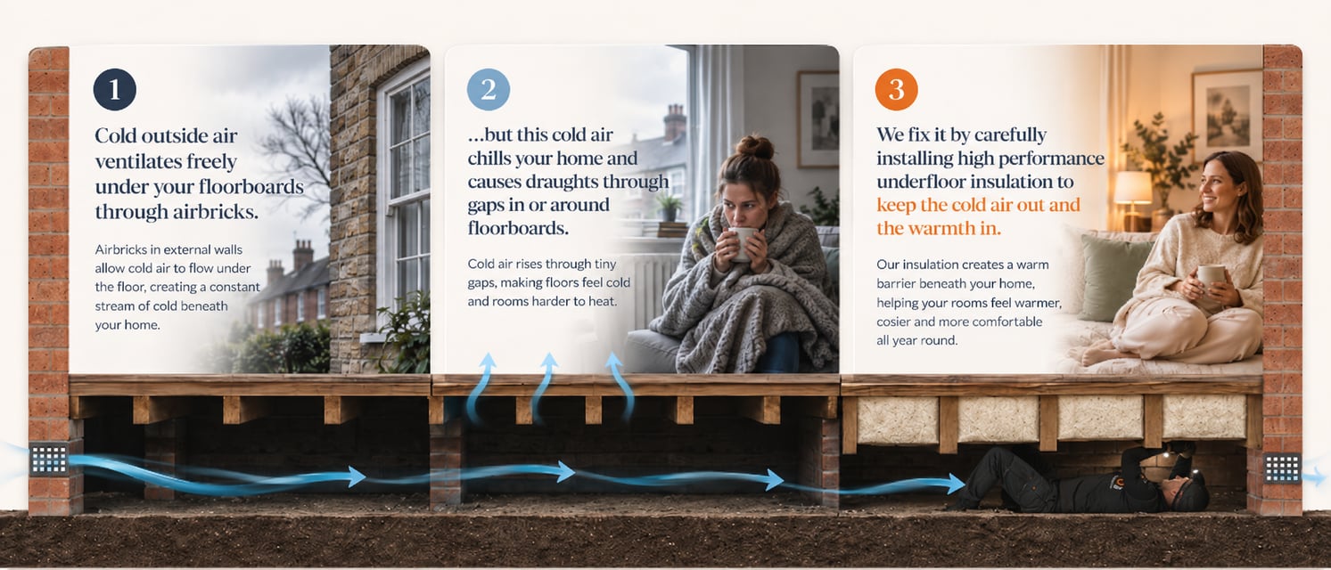 Diagram showing how cold air flows beneath floorboards and how underfloor insulation keeps warmth in