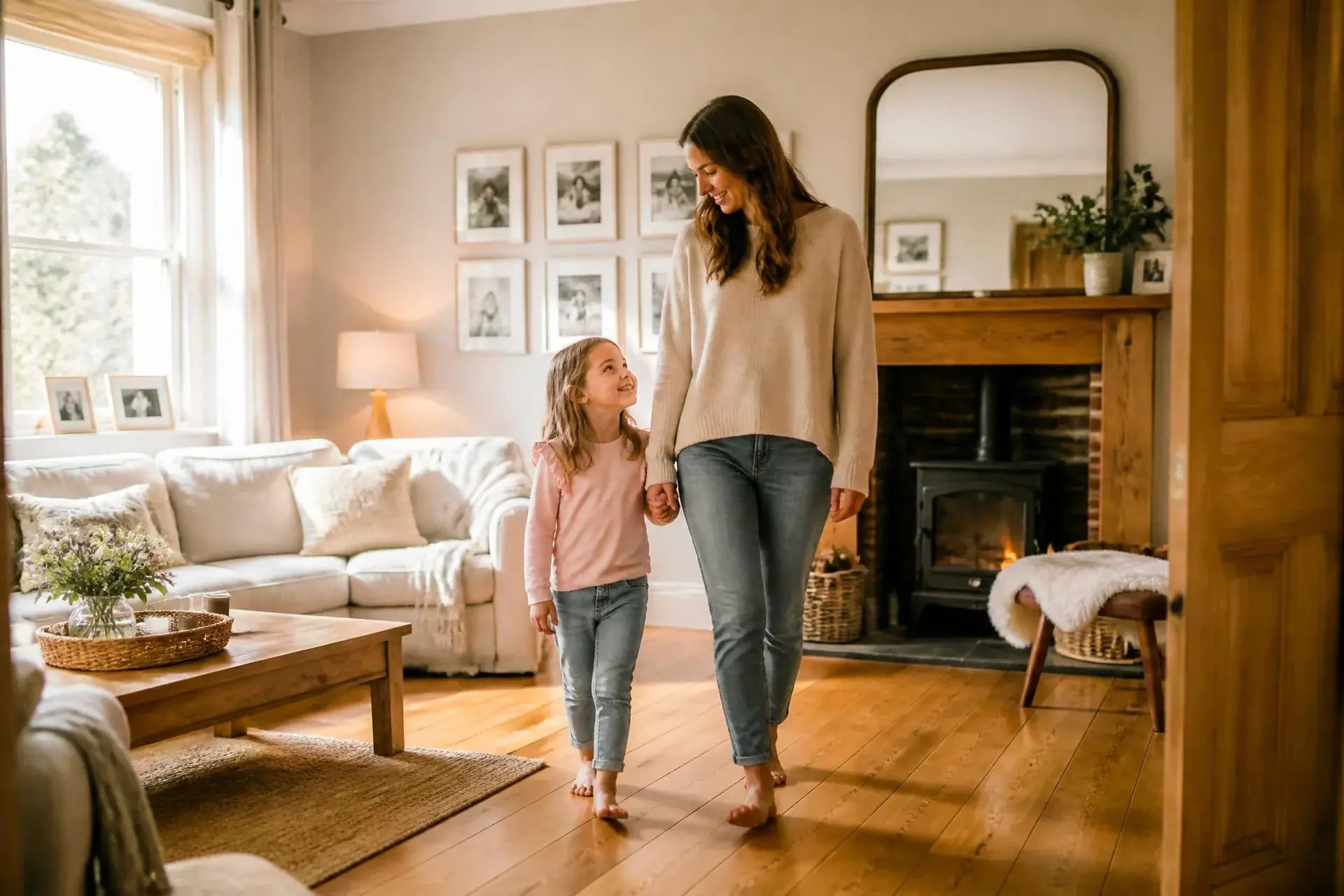 A mother and daughter walking barefoot on a warm wooden floor in a cosy UK home
