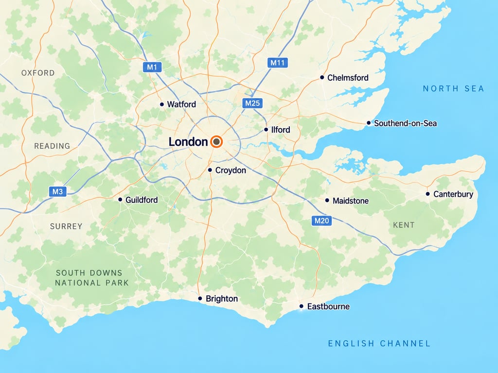 Warmdwell's coverage across London and the South East, including Watford, Chelmsford, Southend-on-Sea, Canterbury, Eastbourne and Brighton